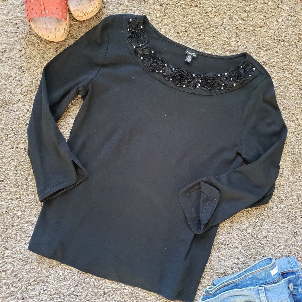 Black Embellished 3/4 Sleeved Top